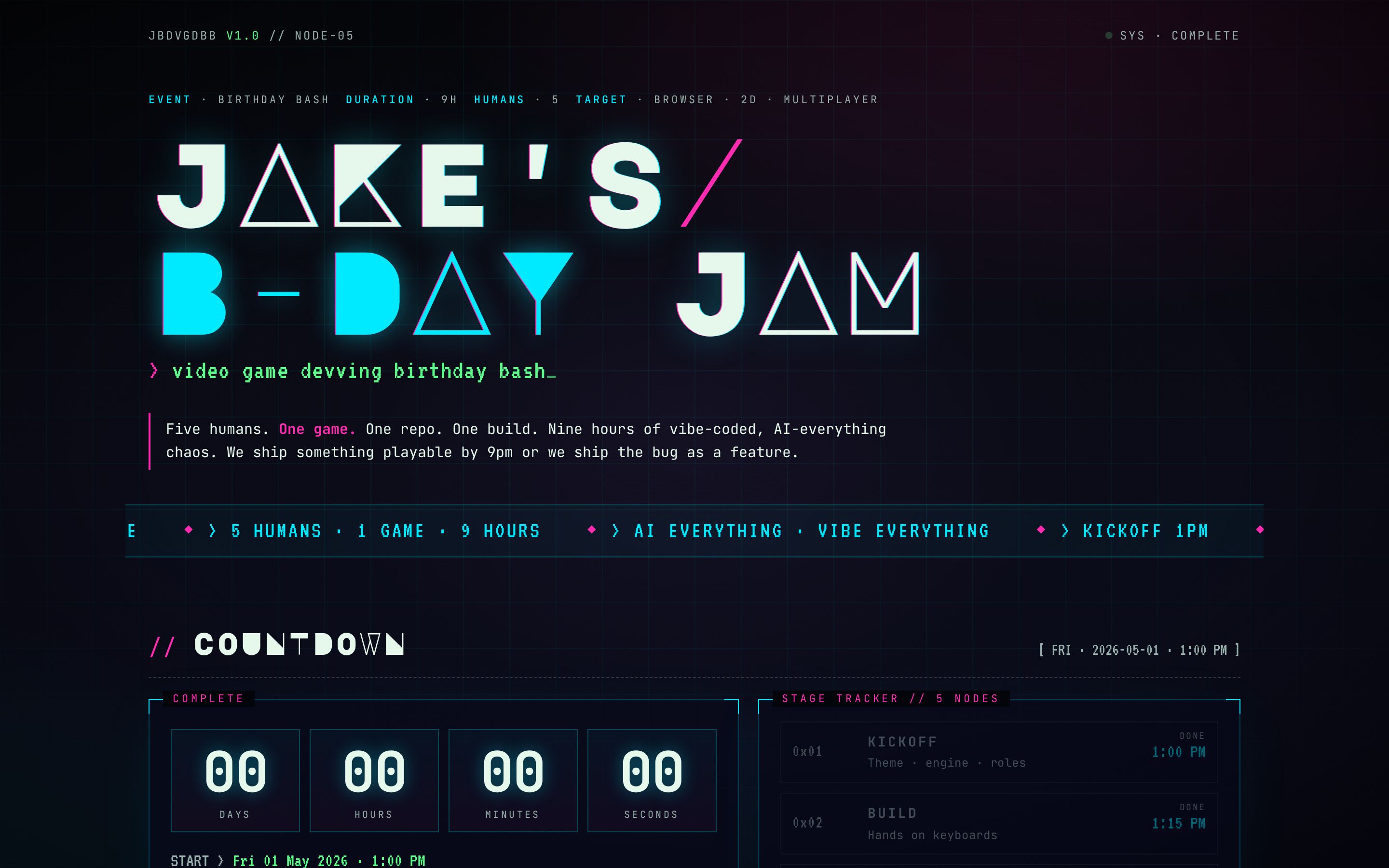 JBDVGDBB — Jake's Birthday Game Jam — event hub